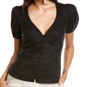 Boden Fitted Linen V-Neck Top, Black, US Size 4